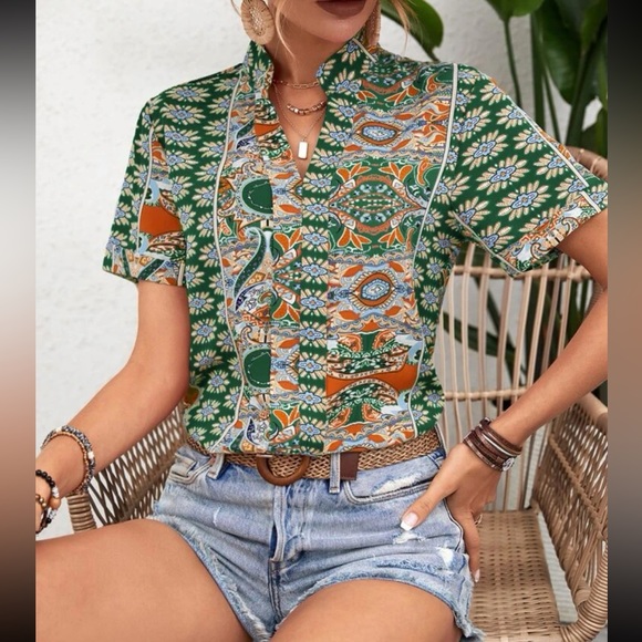 Boho Floral Paisley Print Top Blouse Shirt GREEN - Picture 4 of 5